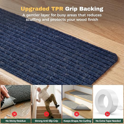 MBIGM Carpet Stair Treads for Wooden Steps, 15 Pack, 8" x 30", Navy Stripe | Four-layer polyester carpet with PP grid base, nonwoven cushion and TPR adhesive backing adds indoor traction and comfort