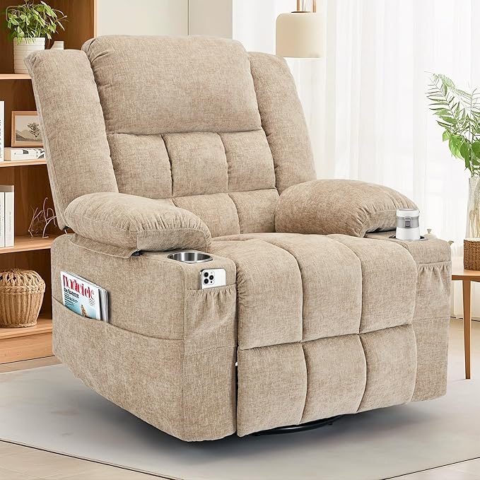 Korser 360° Swivel Rocker Recliner for Adult, Nursery Glider Recliners with Massage & Heating, Rocking Chair with Cup Holder, Manual Recliner Chair for Living Room, Bedroom (Khaki)