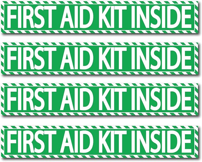 (4 pack) First Aid Kit Inside Stickers 1.5" x 9" Self Adhesive Industrial Vinyl Decal Signs For Trucks, Equipment, or Business