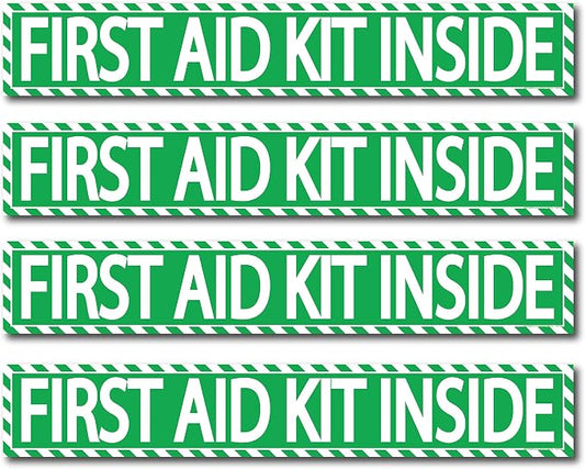 (4 pack) First Aid Kit Inside Stickers 1.5" x 9" Self Adhesive Industrial Vinyl Decal Signs For Trucks, Equipment, or Business