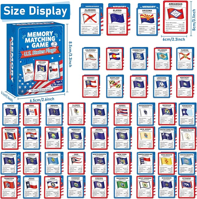 gisgfim 100 PCS Memory Matching Game Flags of U.S. States Concentration Memory Card Educational Cards Games Geography Learn States Capitals Game Gift for Kid Adults Learning Activities Matching Games