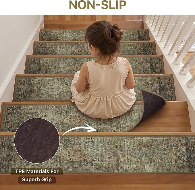sarben 8"x30" Non Slip Stair Treads for Wooden Steps 15Pk,Dark Green Brown | Peel and Stick Carpet Stair Runner with TPE Adhesive Backing, Carpet for Added Safety, Pet and Senior Friendly