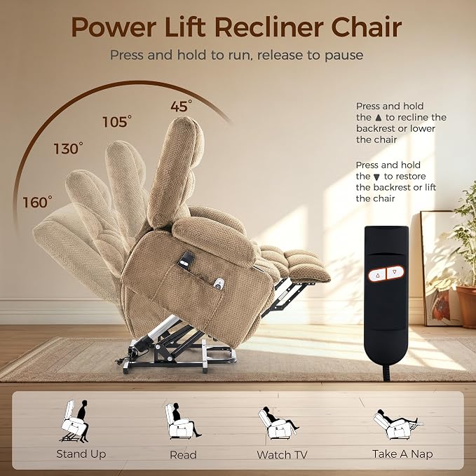 Power Lift Recliner Chair for Elderly, Electric Reclining Lift Chair with Massage and Heating, Comfy Overstuffed Recliner Single Sofa with Cup Holders, Pockets, USB Charge Port for Living Room, Camel