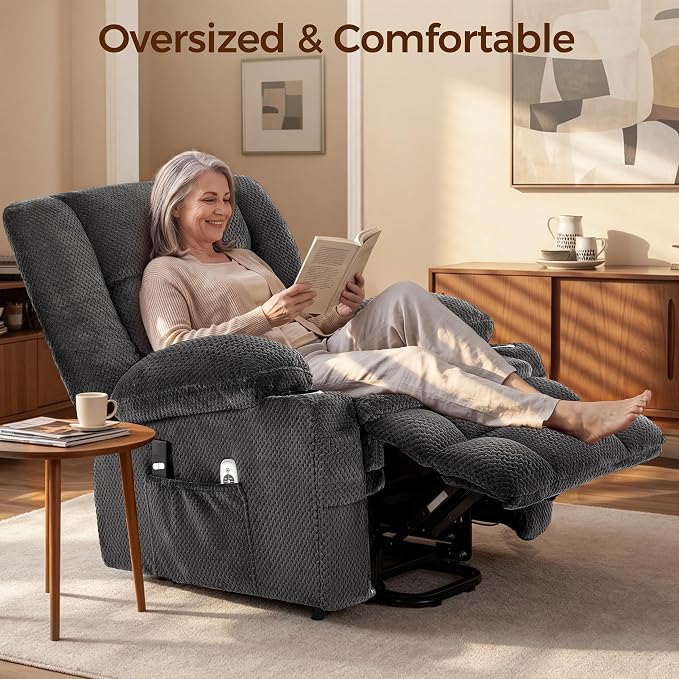 Power Lift Recliner Chair for Elderly, Electric Reclining Lift Chair with Massage and Heating, Comfy Overstuffed Recliner Single Sofa with Cup Holders, Pockets, USB Charge Port for Living Room, Grey