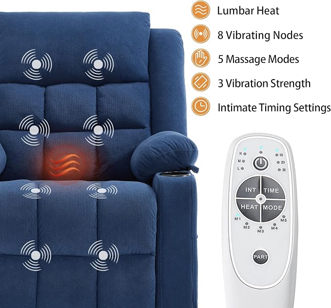 Power Lift Chair Recliners for Elderly with Heat and Massage, Recliner Chairs for Adults, Upgraded Fabric Recliner with USB & Type-C Charge Port, Cup Holders,Navy Blue,L9912