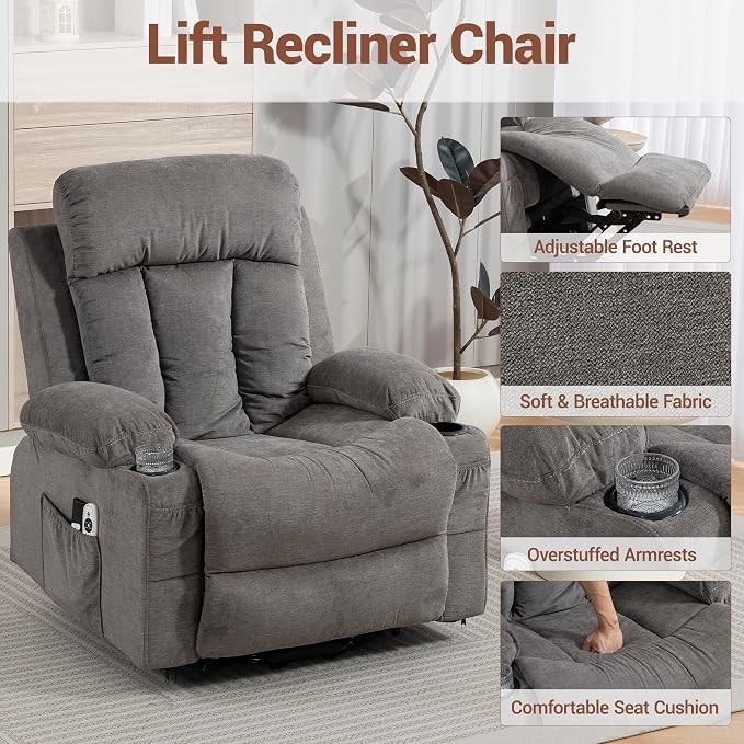Power Lift Recliner Chair for Elderly, Electric Lift Chair with Vibration Massage and Lumbar Heat, Reclining Chair with USB Charging Port, Cup Holders, Ergonomic Sofa for Living Room, Grey