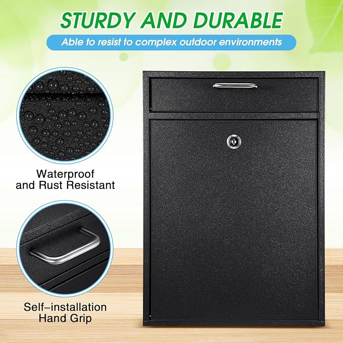 Yaocom Large Locking Mailbox with Key for Outdoor 16.2 x 11.2 x 4.7 Inches Large Wall Mount Mail Box with Lock Security Mail Drop Metal Collection Boxes Hanging Secure Postbox(Black)