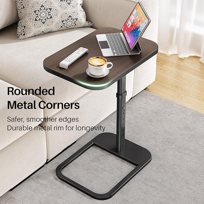 Kitstorack TV Tray Table, Adjustable Height & Rounded Metal Corners, Snack Table for Couch, Sofa, Bed, Chair, Living Room, C Shaped End Side Table for Eating, Dinner or Laptop, Small Spaces, Espresso