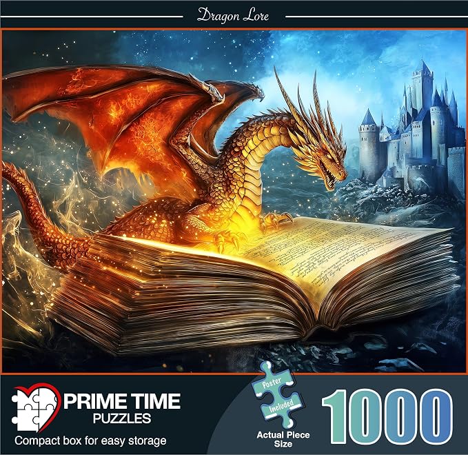 Adult Jigsaw Puzzle 1000 Piece Fantasy Dragon | Dragon bursting from a book with castle scene; 20x27 in. Great for game nights on a table, puzzleboard, or floor.