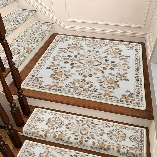 RORA Stair Treads Landing Mat, 30x30 Stair Landing Rug for Indoor | Non-Slip, Washable, For Wooden Steps, Floral Design, Stair Rugs Mat for Pets, Brown