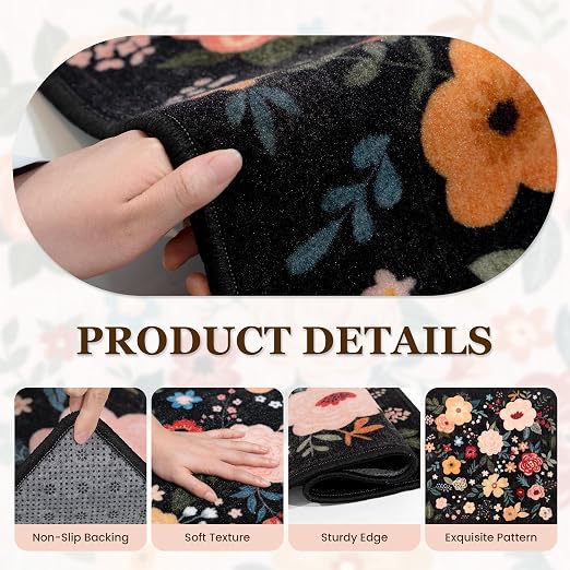 RORA Stair Treads Landing Mat, 30x30 Stair Landing Rug for Indoor | Non-Slip, Washable, For Wooden Steps, Floral Design, Stair Rugs Mat for Pets, Black