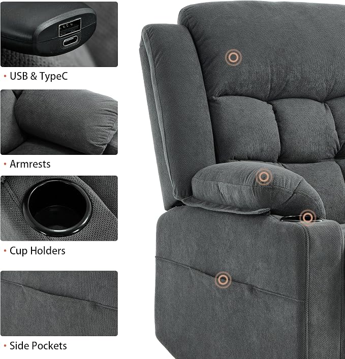 Power Lift Chair Recliners for Elderly with Heat and Massage, Recliner Chairs for Adults, Upgraded Fabric Recliner with USB & Type-C Charge Port, Cup Holders (Grey-O)