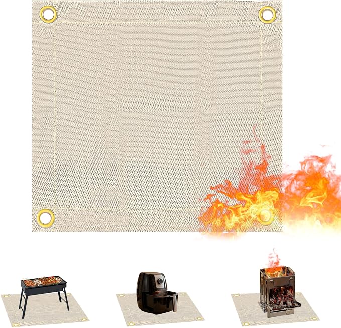 Fireproof Blanket,Made of Fiberglass with Bound Edges and Metal Perforations, can be Laid Flat or Hung up, Suitable for Camping, Home fire Protection,BBQ Grill mats.(17.72x17.72 Inch, Khaki)