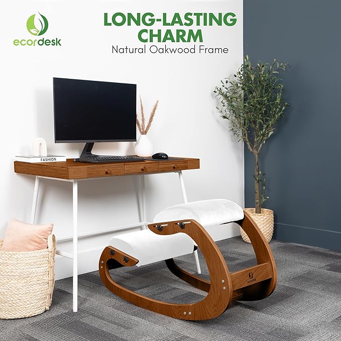 Ergonomic Kneeling Chair, Adjustable Seat - Office Chair for Desk, Posture Corrector, Premium Comfort Cushion, Wooden Rocking Knee Chair (Pecan)