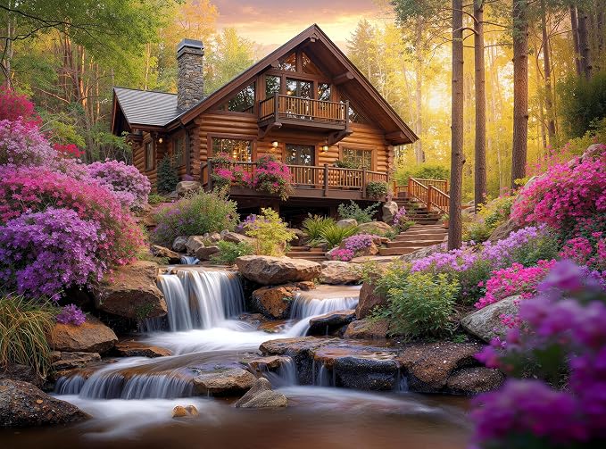 Adult Jigsaw Puzzle Mountain Cabin Waterfall | 1000-piece nature landscape photograph set in a forest. 20x27. Great for game nights on a table, puzzleboard, or floor.