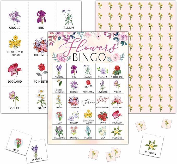 Flowers Bingo Game - Blush Pink Floral Bingo Card - 24 Players Bingo Game Set Indoor Outdoor Activities - Tea Party, Bridal Shower, Birthday Party Favors Supplies -A02