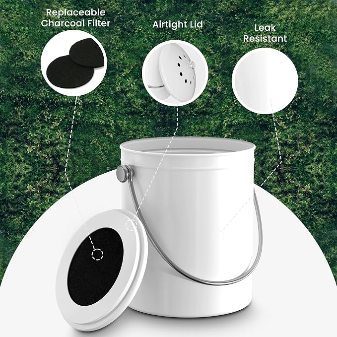 Utopia Kitchen Countertop Compost Bin 1.3 Gallon, Stainless Steel, White | Odorless countertop compost bin with charcoal filter, ideal for food scraps and waste