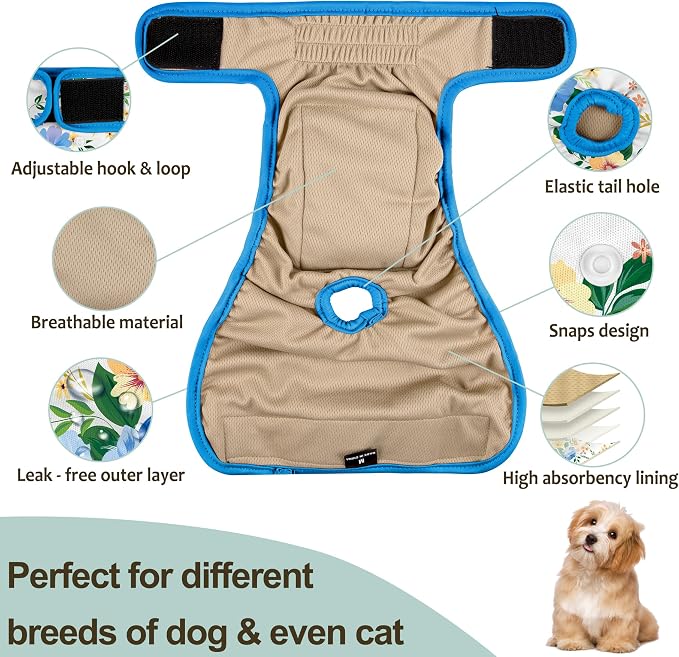 Dog Diapers Female- Reusable Diapers for Doggie in Heat - Highly Absorbent for Pet Incontinence with Adjustable Snaps Green, L