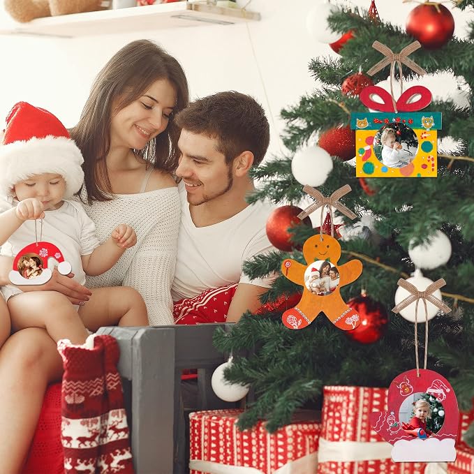 24Pcs Christmas DIY Photo Frame Ornaments, Unfinished Wood Craft Kits | Wooden Photo frames, Hanging Ribbons, Digital Pendants for Two Years. For Kids Holiday Parties, Classroom Crafts Family DIY
