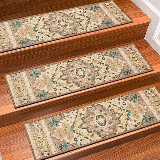 Stair Treads for Wooden Steps Indoor, 15 Pack 8" X 30" Non Slip Carpet Stair Treads with Reusable Adhesive for Kids Elders and Dogs, TPR Backing Stair Rugs Oriental Staircase Step Treads,Bohemia