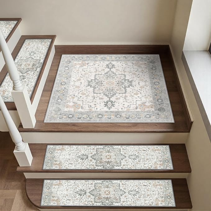 sarben 30"x30" Non Slip Stair Treads for Wooden Steps 1 Pack, Taupe | Peel and Stick Carpet Stair Runner with TPE Adhesive Backing, Carpet for Added Safety, Pet and Senior Friendly