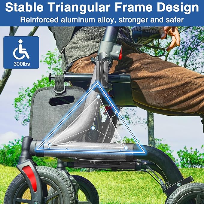 Walkers for Seniors with Seat, Foldable Rollator Walker, Reinforced Aluminum Frame, 10" Big Rubber Wheels for All Terrain, Built-in Cable, Lightweight Rolling Walker, Gray