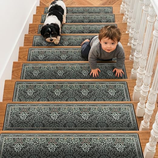 OJIA Black Stair Runner Non-Slip Stair Treads for Wooden Steps 15PCS 30"x8" | Floral Stair Runners Indoor Carpet Stair Treads Stair Mats Staircase Step Treads for Kids, Elders and Dogs, Stair Covers
