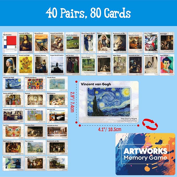 80 PCS Artwork Matching Game, 40 Famous Painting Memory Cards Bilingual Language Picture Match Game, Educational Learning Toys Enhance Memory & Matching Skills for Kids Ages 3 and Up