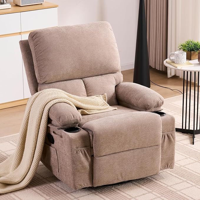 Recliner Chairs for Adults and Elderly, Swivel Rocker Recliner with Massage and Heating, Manual Reclining Chair with Cup Holders and Side Pockets, Comfy Rocking Chair for Living Room, Brown
