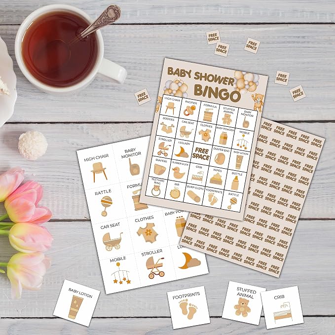 Bear Balloon Baby Shower Bingo Game - We Can Bearly Wait Shower Card - 24 Players Set for Indoor Outdoor Activities - Gender Reveal Party Favors Supplies -A03