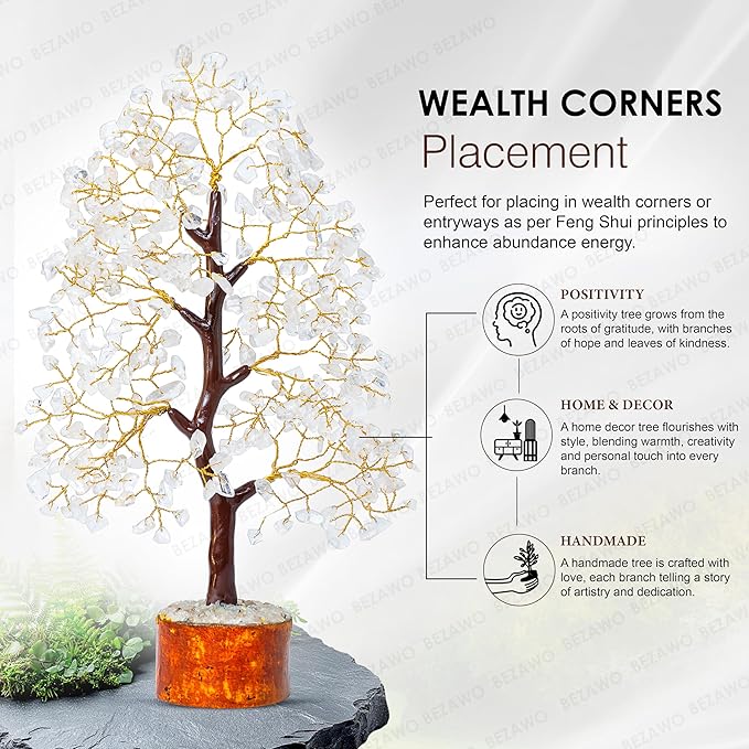 Crocon Clear Quartz Crystal Tree of Life - Chakra for Positive Energy, Feng Shui Decor - Gemstone Money Bonsai Tree, Good Luck Healing Crystals - Meditation Stones, Spiritual Unique Gift 10-12"