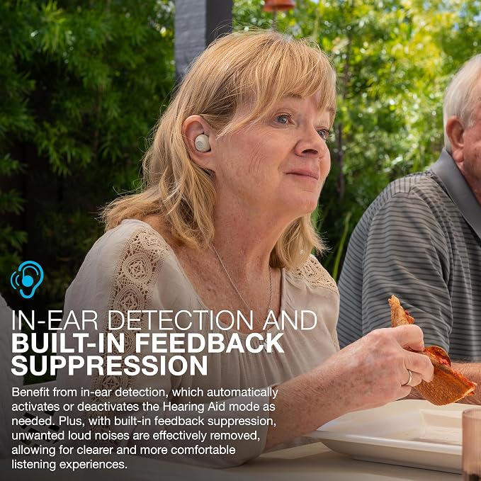 JLab, Hear, OTC Hearing Aid & Earbuds, Bluetooth, True Wireless, in-Ear Detection, Feedback Suppression, Cloud White