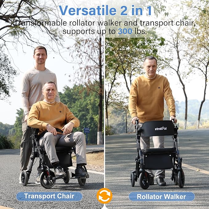 Rollator Walkers for Seniors with Seat, Walker Wheelchair Combo, 2 in 1 Rolling Walker Transport Wheelchair Lightweight Foldable, 10" Big Wheels Transport Chair with Brakes,Black
