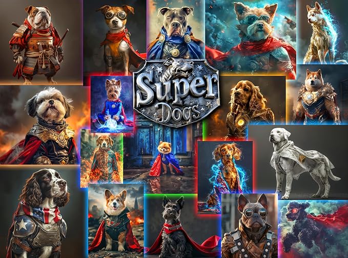 Adult Jigsaw Puzzle Superhero Dogs 1000 Piece | Colorful collage featuring French Bulldogs, Spaniels, and Corgis in superhero costumes — fun for kids and families too.