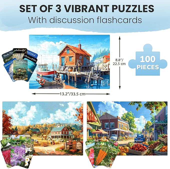 QUOKKA 100 Pieces Dementia Puzzles for Elderly - 3SET Large Piece Puzzles for Seniors - 9 Memory Flashcards with Facts I 25 Discussion Prompts per Puzzle - Alzheimer's Activities Products for Elderly