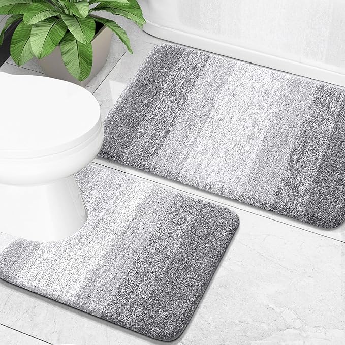 OLANLY Bathroom Rug Set 2 Piece, Soft Absorbent Microfiber Bath Mats and U-Shaped Contour Toilet Rug, Non-Slip, Machine Wash Dry, Plush Shaggy Bath Mats for Bathroom (30"x20"+U24 x20, Light Grey)