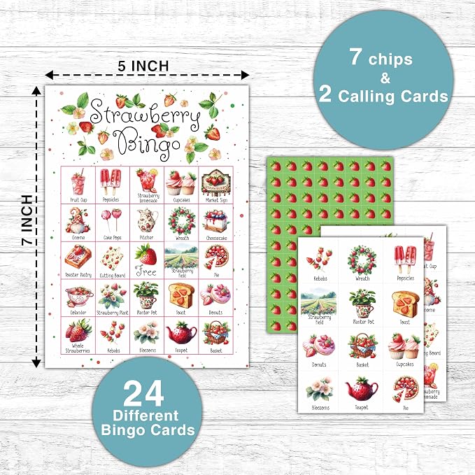 Strawberry Bingo Games - Summer Berry Bingo Card - 24 Players Bingo Game Set for Adult Family Friends - Indoor Outdoor Activities - Fruit Themed Birthday Party Favors Supplies -C07