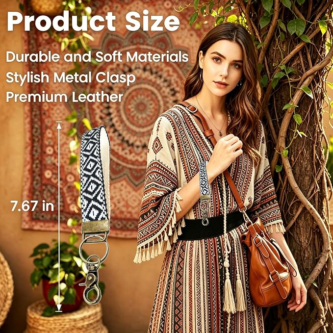 Boho Vintage Embroidered Floral plant Wristlet Keychain for Women | Cute Lanyard&Antique Brass Clasp, Lightweight Hands-Free Key Holder for keys,purses,handbags and daily outdoor use for ladies