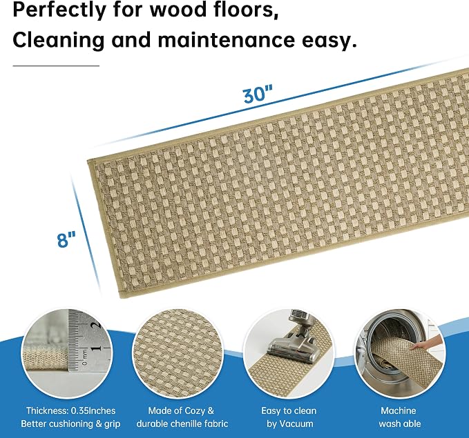 Chenille Stair Treads for Wooden Steps 8"x30" (15 Pack), Ultra Soft Non-Slip Carpet Stair Runners Indoor, Peel and Stick Self-Adhesive Step Rugs for Kids & Dogs, Machine Washable, Beige