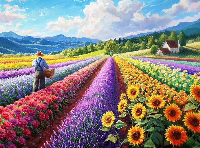 Adult Jigsaw Puzzle 1000 Piece Mountain Flower Farm | Vibrant sunflowers and colorful floral rows of a country cottage farm scene. Suitable on a table, puzzleboard or floor.