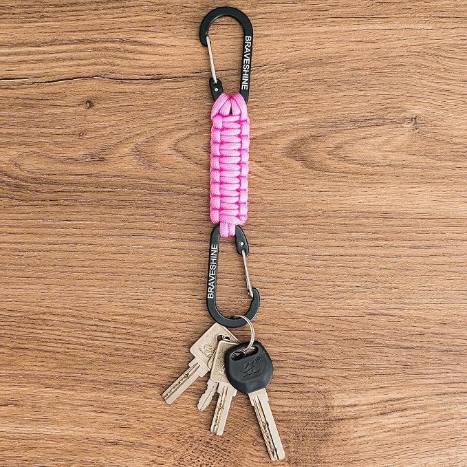 BRAVESHINE Paracord Keychain Carabiner Clip | D Ring Hanger Lanyard Hook | 7.3inch Long | for Stroller, Water Bottle, Key, Backpacks, Men, Women, Luggage, Car Seat Headrest, Fence, Bag Charms