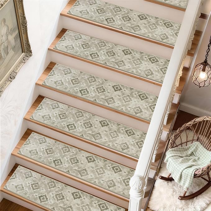 COSY HOMEER Stair Treads for Wooden Steps Indoor with TPE Backing,4Pcs | Non-Slip Carpet Stair Treads, Soft Peel and Stick Stair Runners,Pet-Friendly Stair Runner Washable Reusable,Meadow