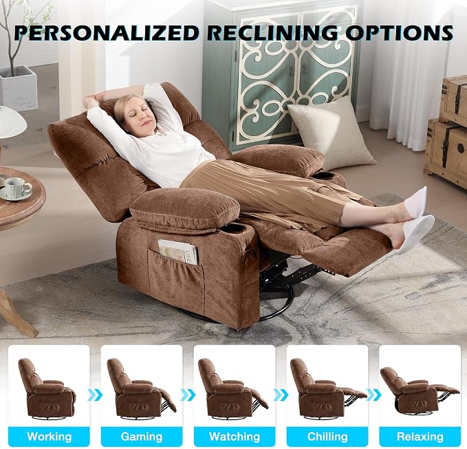 MAHOMICO Oversized Recliner Chair with Massage and Heat, 360° Swivel Rocker | Fabric swivel rocker recliner with ergonomic support, USB charging, cup holders and side pocket for living room