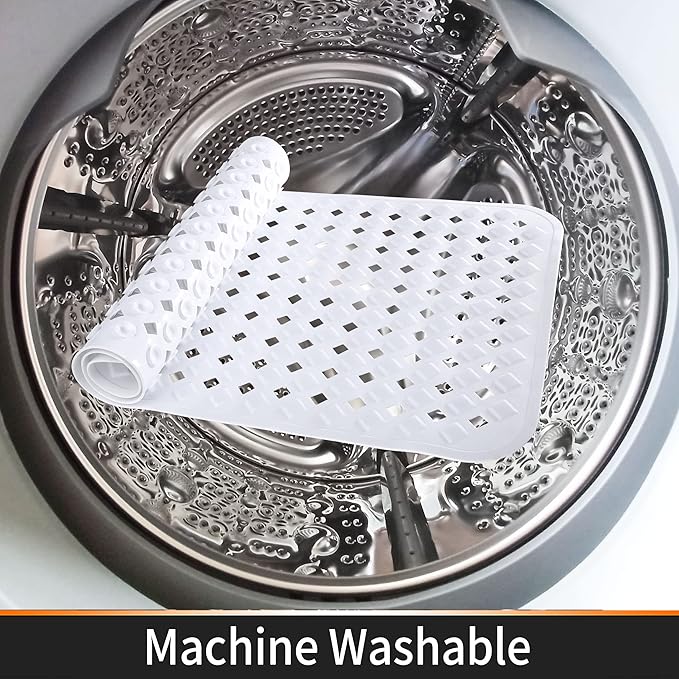 Yimobra Non Slip Bath Mat, Super Strong Suction Cups,34.5"x15.5"Long Tub Mat with Drain Holes, Machine Washable Fast Draining Shower Mats, Bathroom Essentials,White