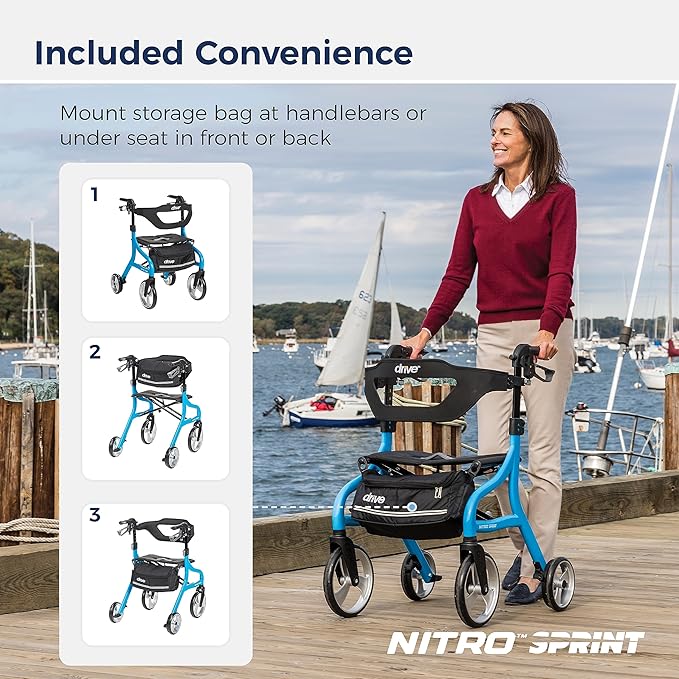 Drive Medical Nitro Sprint Rollator Walker with Seat, Tall Height, Blue | Lightweight Rollator with Large Wheels Offers Foldable, Four Wheel Support for Tall Users Every Single Day