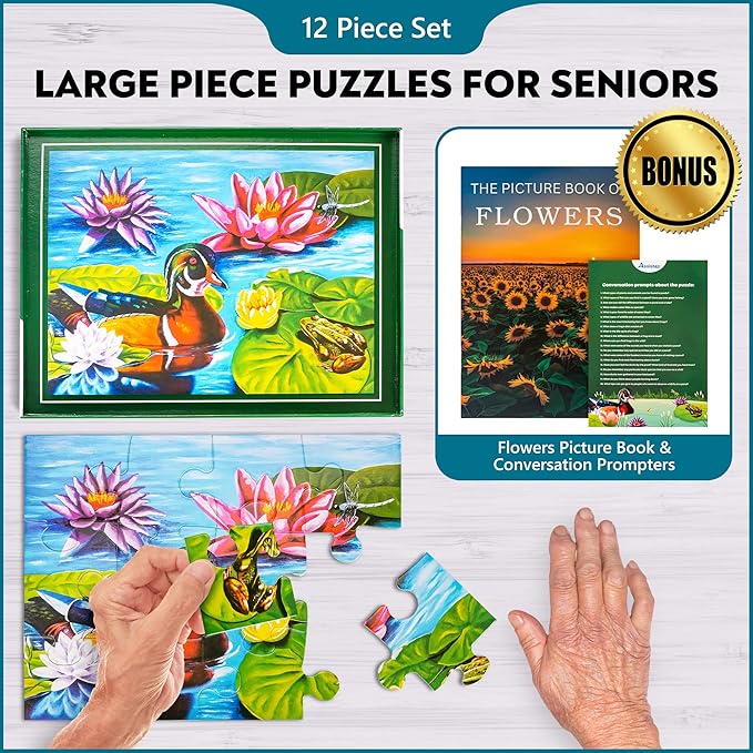 Assistex Large Piece Jigsaw Puzzle for Seniors with Dementia with Conversation Prompts, Large Piece Memory Game for Adults, Elderly, and Dementia Patients – Duck Pond Puzzle, 12 pcs