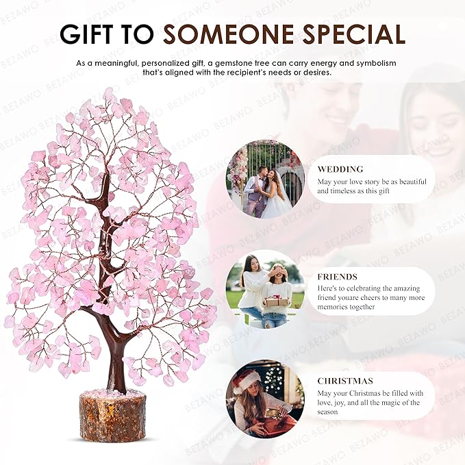 Crocon Rose Quartz Crystal Tree of Life Pink Room Decor & Healing Crystals Cute Desk Accessories Spiritual Birtdhay Gifts for Women House Warming Gifts New Home Decor for Mom Sister & Girlfriend