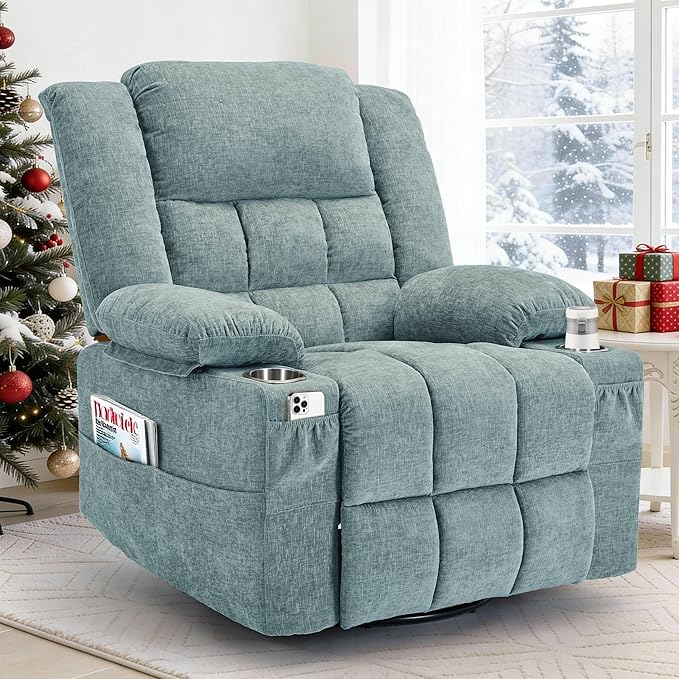 Korser Adult 360° Swivel Rocking Recliner, Nursery Rocking Chair with Massage and Heating Function, Cup Holder, Manually Adjustable Seat for Living Room and Bedroom (Fabric, Lake Blue)