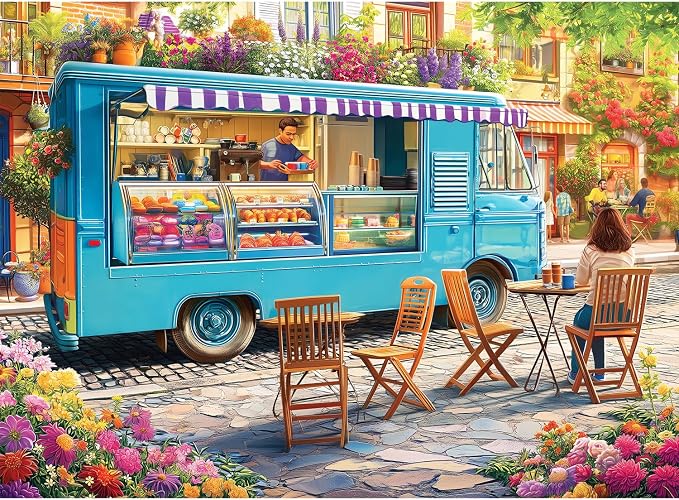 500 Piece Jigsaw Puzzle for Adults, Colorful Coffee Truck on Floral Street | Fresh pastries, vibrant blossoms, cozy sidewalk cafe vibes, family game night, screen-free fun, wall decor and unique gifts