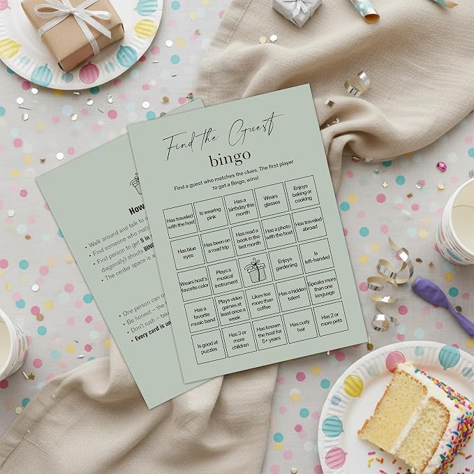 Find The Guest Bingo Cards – 25 Unique Cards, Icebreaker Party Games for Adults, Rustic Sage Green Mingle Activity for Birthday Parties, Family Reunions, Office Events & Friendsgiving